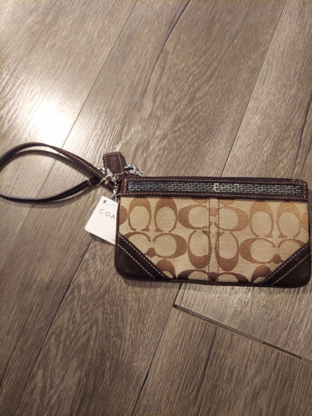 NWT Coach Signature Brown Khaki Wristlet Wallet Pouch Clutch Canvas Leather Zip - Picture 2 of 9